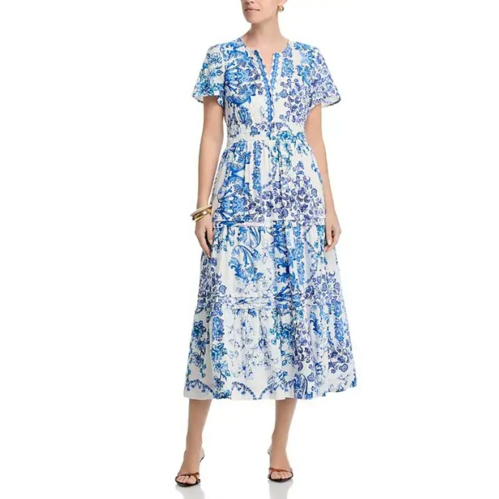 Johnny Was Pintuck Tiered Midi-Dress Blue Linen Floral Fit & Flare Boho Size PM
